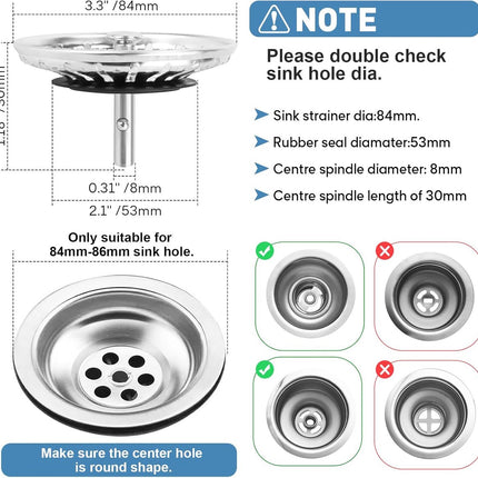 Sink Drain Plug - 2 pieces - Drain stopper - Strainer - 84mm - Stainless steel - Silver.