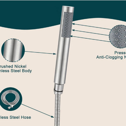 Shower head with 1.5m hose - Hand shower - Universal - Water saving - High pressure - Anti-kink hose - Brushed silver - Stainless steel and ABS - 19*3 cm - 1/2" thread.