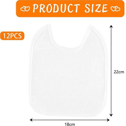 Bibs - Pack of 12 - Large Bibs - Cotton - TPU - With Straps - Waterproof - Baby Bibs for Drool - Drool Cloths for Babies and Children - Suitable for Feeding, Wiping Away Drool and Protecting Clothing - 22 X 18 cm - White.
