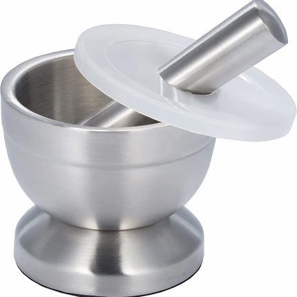 Mortar and Pestle - Stainless Steel Mortar and Pestle, Food Safe Pestle and Mortar Stainless Steel, Diameter 8.5 cm - Herb Grinder - Spice Grinder - With Lid.