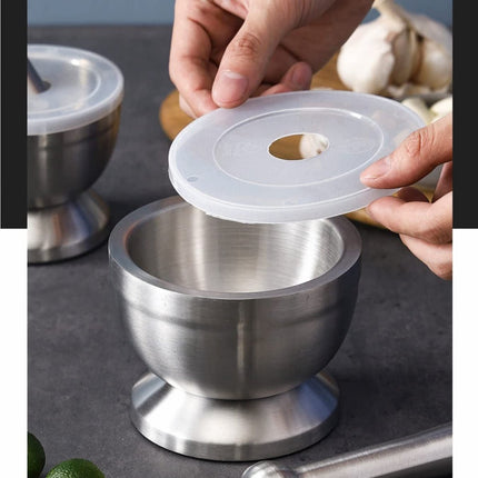Mortar and Pestle - Stainless Steel Mortar and Pestle, Food Safe Pestle and Mortar Stainless Steel, Diameter 8.5 cm - Herb Grinder - Spice Grinder - With Lid.