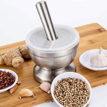 Mortar and Pestle - Stainless Steel Mortar and Pestle, Food Safe Pestle and Mortar Stainless Steel, Diameter 8.5 cm - Herb Grinder - Spice Grinder - With Lid.