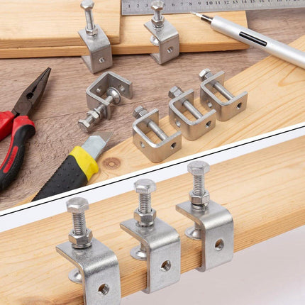 C-Clamps - Pack of 6 - With M8 Hexagon Bolts - Glue Clamps - Adjustable Clamping Range 0-25 mm - For Woodworking and Welding - Stainless Steel - Silver - 2.4*3.2*5.5 cm.