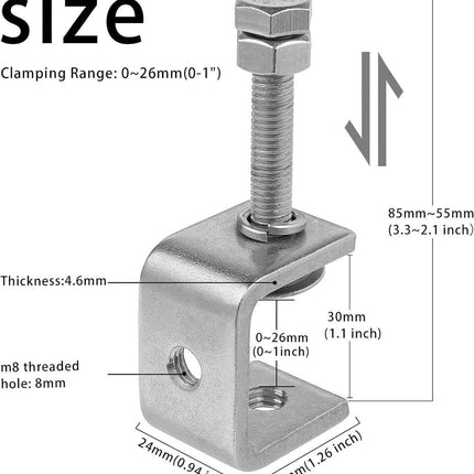 C-Clamps - Pack of 6 - With M8 Hexagon Bolts - Glue Clamps - Adjustable Clamping Range 0-25 mm - For Woodworking and Welding - Stainless Steel - Silver - 2.4*3.2*5.5 cm.