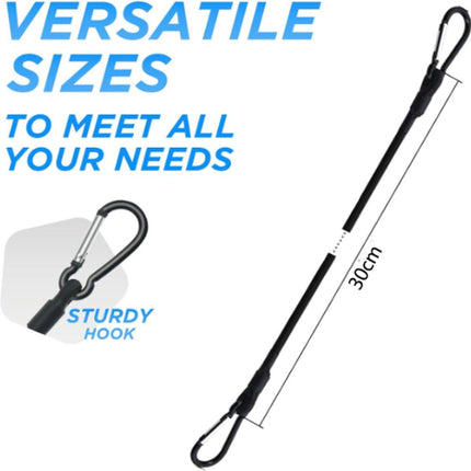 pieces - Elastic with carabiner - Rope Length 30 CM - black - Rope Diameter 6MM - Polypropylene yarn + latex silk - For securing sails, luggage, tents and bicycles.