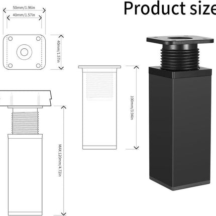 Furniture Legs - 4 Pieces - Table Legs - Aluminum Alloy - With Screws - Square - Sofa Leg Support Accessories - Adjustable - Modern - Suitable for Sofas, Coffee Tables, Cabinets, TV Stands, Desks, Shelves, Dressing Tables - 10cm - Black.