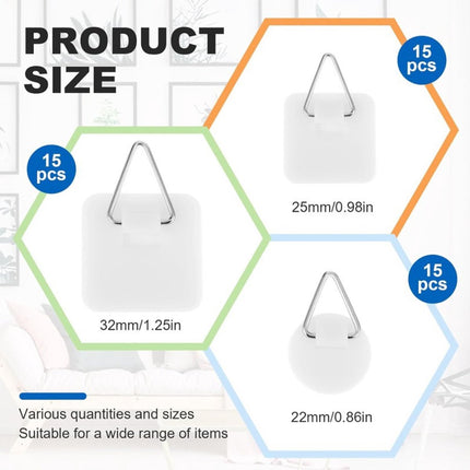 Self-adhesive hooks - Set of 45 - 3 sizes - 5 kg Load capacity - Adhesive hooks - Wall picture hangers - Picture hangers - Picture hanging hooks - For displaying decorative pictures and wall art - White.