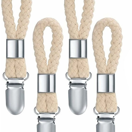 Towel hooks - 10 pieces - Tea towel hooks - Towel clips - Iron and cotton rope - beige and silver - 2.3x11.5cm - for hanging tea towels, beach towels, bath towels.