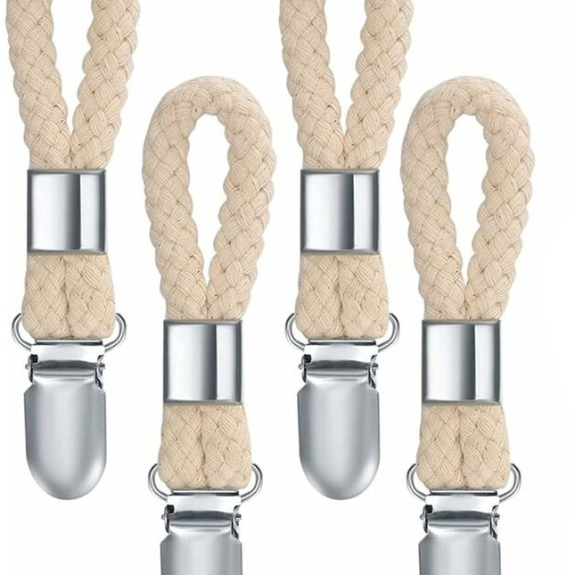 Towel hooks - 10 pieces - Tea towel hooks - Towel clips - Iron and cotton rope - beige and silver - 2.3x11.5cm - for hanging tea towels, beach towels, bath towels.