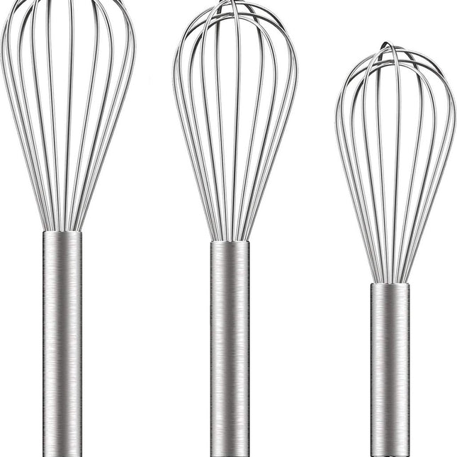 3 pieces - egg beater - Hand mixer - Manual egg beater - 8 inch + 10 inch + 12 inch - Cream mixer - for baking in the kitchen - silver - stainless steel.
