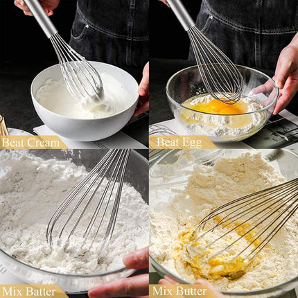 3 pieces - egg beater - Hand mixer - Manual egg beater - 8 inch + 10 inch + 12 inch - Cream mixer - for baking in the kitchen - silver - stainless steel.