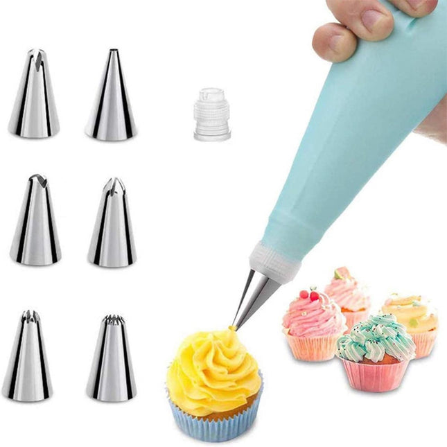 Silicone Piping Bags and Nozzles Set - With 6 Nozzles - Reusable Pastry Icing Bags - For Cupcakes, Cookies, Cream Cake Decorating - Blue.