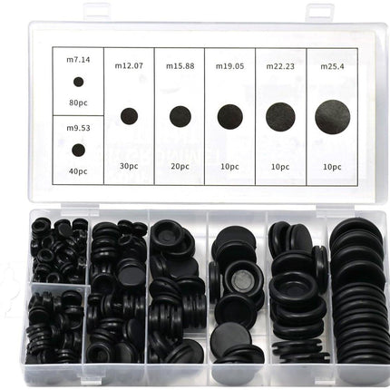 Rubber Grommet - Pack of 200 - Black - 7mm/9mm/12mm/16mm/20mm/22mm/25mm - Closed Rubber Grommet - For Wire, Electrical Installation, Cable Protection - Round Rubber Stopper.