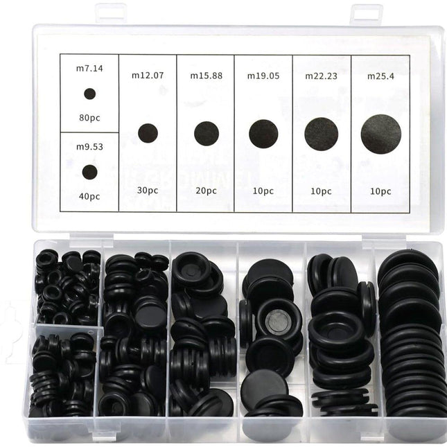 Rubber Grommet - Pack of 200 - Black - 7mm/9mm/12mm/16mm/20mm/22mm/25mm - Closed Rubber Grommet - For Wire, Electrical Installation, Cable Protection - Round Rubber Stopper.