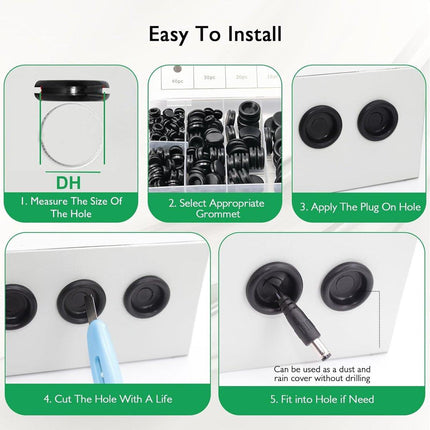 Rubber Grommet - Pack of 200 - Black - 7mm/9mm/12mm/16mm/20mm/22mm/25mm - Closed Rubber Grommet - For Wire, Electrical Installation, Cable Protection - Round Rubber Stopper.