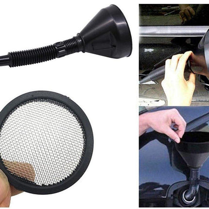 Car oil funnel - With flexible spout and filter - Ø 142 mm - 39 cm - Black - Plastic - Flexible hose - Filling up oil / petrol.