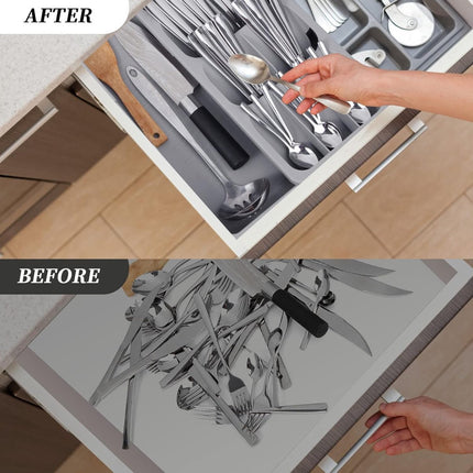 2 in 1 Storage Box - Cutlery Organizer - Cutlery Tray - Drawer Organizer - Multifunctional Cutlery Tray - Pull-out Cutlery Tray - Cutlery Tray Drawer Divider - Small Cutlery Tray for Kitchen - Storage Bins for Cutlery Storage - Gray - PP - 40.5*16.5*5.5cm.