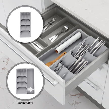 2 in 1 Storage Box - Cutlery Organizer - Cutlery Tray - Drawer Organizer - Multifunctional Cutlery Tray - Pull-out Cutlery Tray - Cutlery Tray Drawer Divider - Small Cutlery Tray for Kitchen - Storage Bins for Cutlery Storage - Gray - PP - 40.5*16.5*5.5cm.