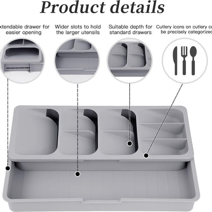 2 in 1 Storage Box - Cutlery Organizer - Cutlery Tray - Drawer Organizer - Multifunctional Cutlery Tray - Pull-out Cutlery Tray - Cutlery Tray Drawer Divider - Small Cutlery Tray for Kitchen - Storage Bins for Cutlery Storage - Gray - PP - 40.5*16.5*5.5cm.