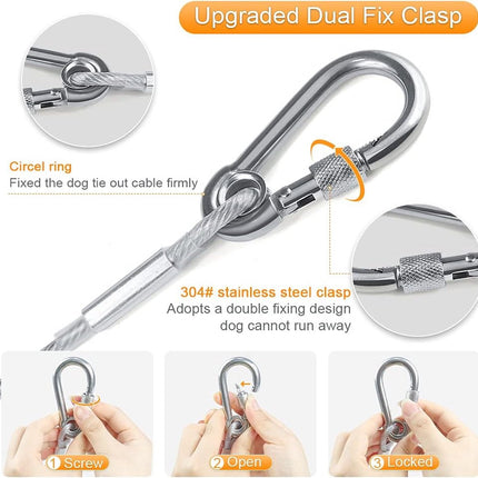 Dog leash cable - 5mm * 3m - stainless steel - silver - dog chains - with double fastening stainless steel buckle - camping accessories - dog game ground stake - heavy-duty dog chain - exhaust leash for animals.