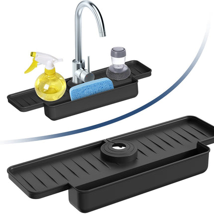 Silicone tap mat with sponge holder - tap drain mat - sink organizer - drain mat - BLACK - For kitchen, bathroom, countertop, worktop - 40 cm.