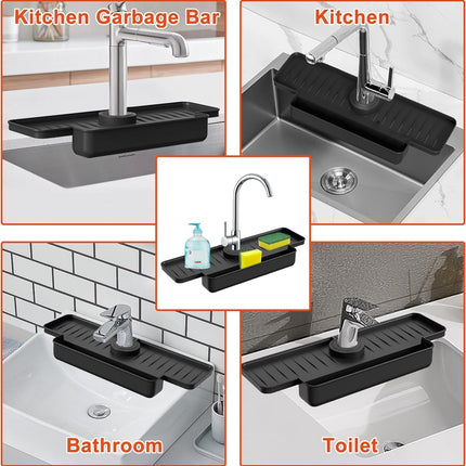 Silicone tap mat with sponge holder - tap drain mat - sink organizer - drain mat - BLACK - For kitchen, bathroom, countertop, worktop - 40 cm.