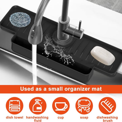 Silicone tap mat with sponge holder - tap drain mat - sink organizer - drain mat - BLACK - For kitchen, bathroom, countertop, worktop - 40 cm.