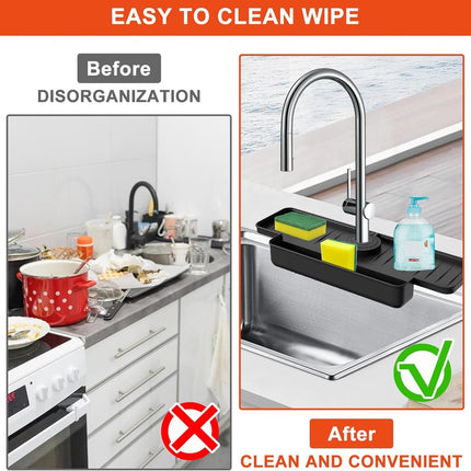Silicone tap mat with sponge holder - tap drain mat - sink organizer - drain mat - BLACK - For kitchen, bathroom, countertop, worktop - 40 cm.