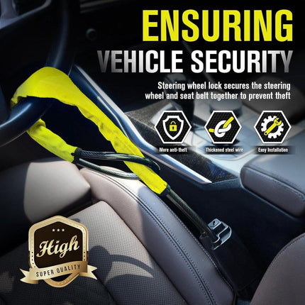 Steering Wheel Lock - Belt Lock - with 3 Keys - Yellow - Universal - Steering Wheel Anti-Theft Device - for Car Security - for Most Vehicles, Trucks, SUVs, Vans.