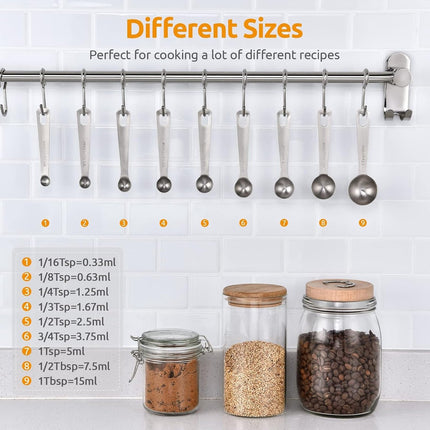 Measuring Spoons Set - 9 Pieces - Measuring Spoons Cups - BPA Free - Measuring Spoons - Measuring Spoons - Gram & ML Weighing - Measuring Spoons - Measuring Cups Spoons - Measuring Spoons - Stainless Steel - Silver - 15ml / 7.5ml / 5ml / 3.75ml / 2.5ml /.