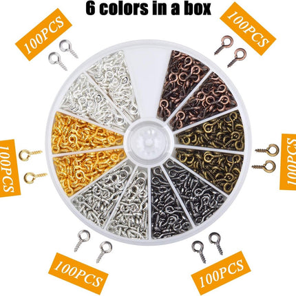 600 pieces - Screw hooks - Screw hook - Screw eyes - Screw eye - Small hook - Wall hook - Length 8 mm - Metal - color - with screw mounting - with storage box.