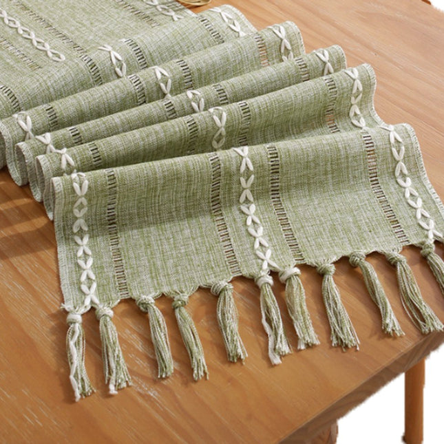 Table Runner - Bohemian Style Table Runner - 33 x 120cm - Green - Polyester - Rustic Farmhouse Style Table Runner - For Party & Dining Decorations - Boho Tassel Embroidered Table Runners.