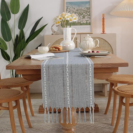Table Runner - Bohemian Style Table Runner - 33 x 120cm - Blue - Polyester - Rustic Farmhouse Style Table Runner - For Party & Dining Decorations - Boho Tassel Embroidered Table Runners.