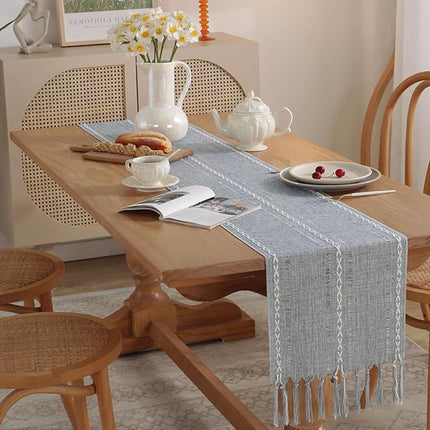 Table Runner - Bohemian Style Table Runner - 33 x 120cm - Blue - Polyester - Rustic Farmhouse Style Table Runner - For Party & Dining Decorations - Boho Tassel Embroidered Table Runners.