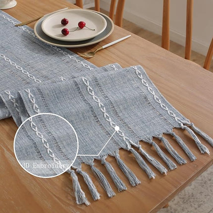 Table Runner - Bohemian Style Table Runner - 33 x 120cm - Blue - Polyester - Rustic Farmhouse Style Table Runner - For Party & Dining Decorations - Boho Tassel Embroidered Table Runners.