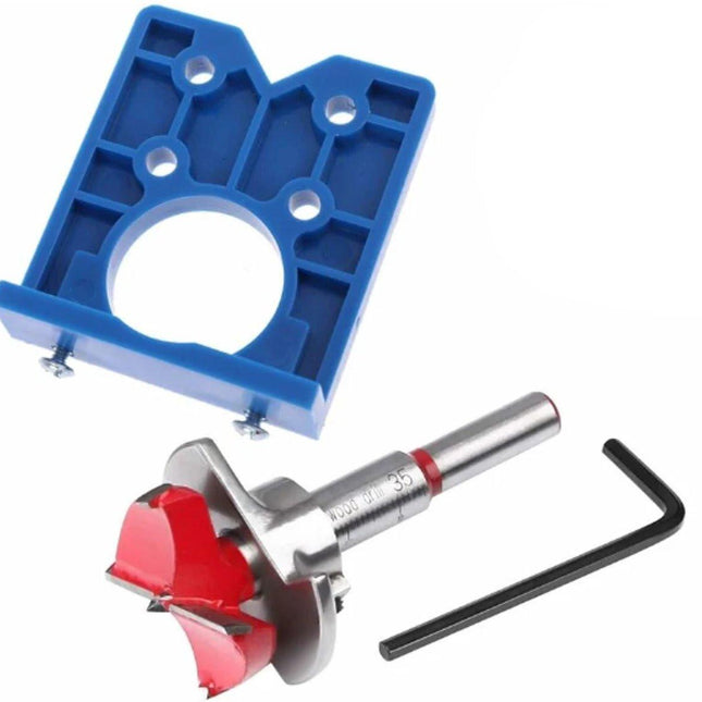 Drill guide - hinge gauge - Drill bit accessories - for 35mm hinge holes - 77*66mm - PP, TPR, carbon steel - blue - for carpentry, cabinet hinges and mounting plates.