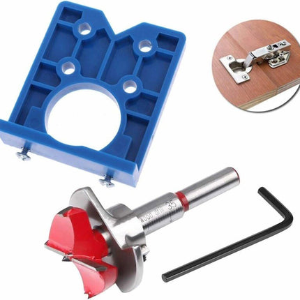 Drill guide - hinge gauge - Drill bit accessories - for 35mm hinge holes - 77*66mm - PP, TPR, carbon steel - blue - for carpentry, cabinet hinges and mounting plates.