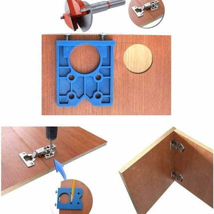 Drill guide - hinge gauge - Drill bit accessories - for 35mm hinge holes - 77*66mm - PP, TPR, carbon steel - blue - for carpentry, cabinet hinges and mounting plates.