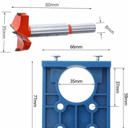 Drill guide - hinge gauge - Drill bit accessories - for 35mm hinge holes - 77*66mm - PP, TPR, carbon steel - blue - for carpentry, cabinet hinges and mounting plates.