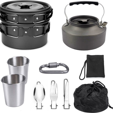 Cookware - 9-piece - for camping, outdoor, hiking, picnic, BBQ, foldable camping pans - safe and BPA - Suitable for 2-3 people camping pan set.