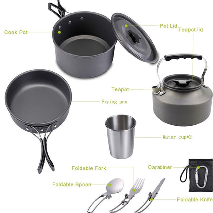 Cookware - 9-piece - for camping, outdoor, hiking, picnic, BBQ, foldable camping pans - safe and BPA - Suitable for 2-3 people camping pan set.