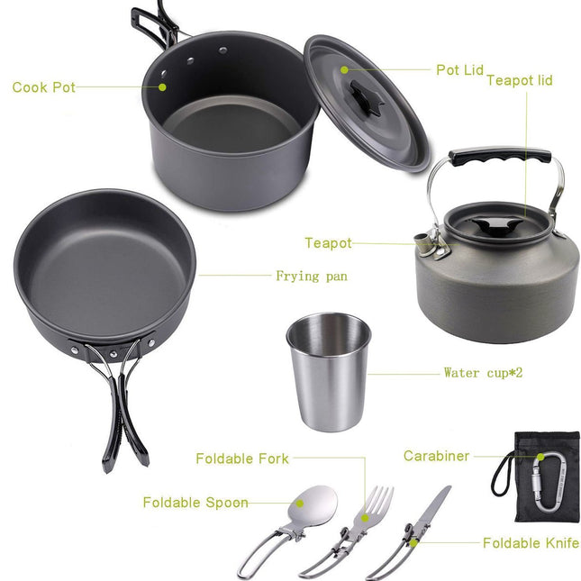 Cookware - 9-piece - for camping, outdoor, hiking, picnic, BBQ, foldable camping pans - safe and BPA - Suitable for 2-3 people camping pan set.