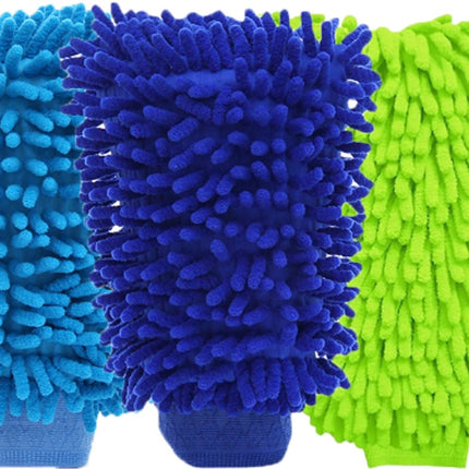 Household Gloves - 3 Pieces - Cleaning Gloves - Car Wash Glove - Double-Sided Microfiber Glove - For Cars and Household Cleaning - 15*23 CM - Dark Blue/Light Green/Blue.