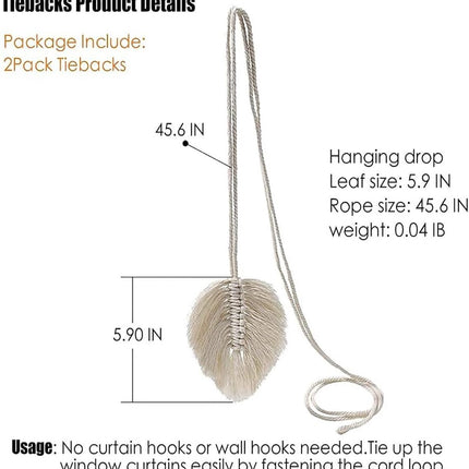 Curtain Holder - 2 Pieces - Curtain Tie Back - Curtain Tie Rope - Curtain Tie Back Hook - Curtain Ties - Beige - 116 cm Long.