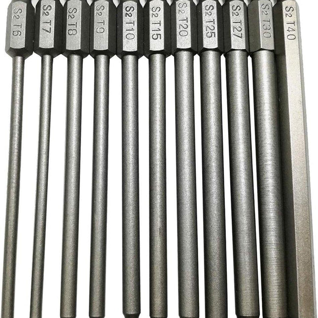 11 pieces - Screwdriver bits - Screwdriver bit set - Long Torx screwdriver set - Hollow Torx bit set - S2 steel - with security head - hexagon shaft - 100mm - T6 T7 T8 T9 T10 T15 T20 T25 T27 T30 T40.