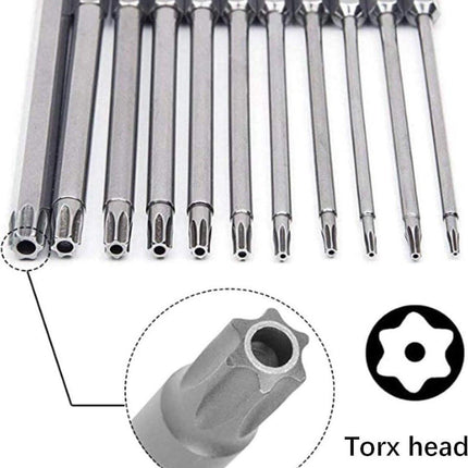 11 pieces - Screwdriver bits - Screwdriver bit set - Long Torx screwdriver set - Hollow Torx bit set - S2 steel - with security head - hexagon shaft - 100mm - T6 T7 T8 T9 T10 T15 T20 T25 T27 T30 T40.