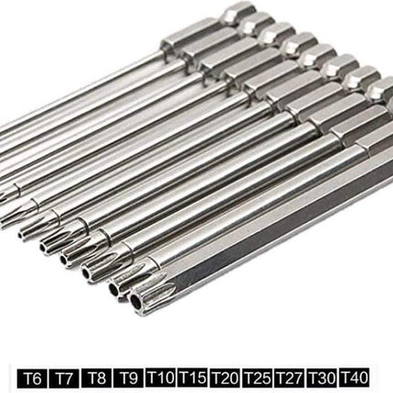 11 pieces - Screwdriver bits - Screwdriver bit set - Long Torx screwdriver set - Hollow Torx bit set - S2 steel - with security head - hexagon shaft - 100mm - T6 T7 T8 T9 T10 T15 T20 T25 T27 T30 T40.
