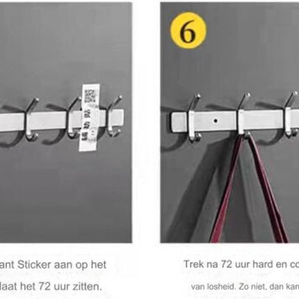 Wardrobe hooks - 5 hooks Stainless steel - Hook strip - Clothes hooks - For wall, wardrobe rail, wall wardrobe for bedroom, bathroom, kitchen - Silver - Coat hooks - 38 cm.