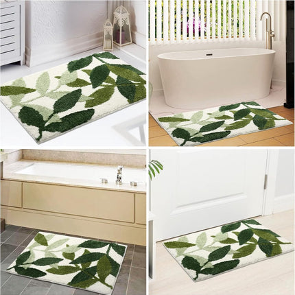 Non-slip bath mat - Non-slip bath mat - 45x65cm - durable water-absorbent bathroom rug - machine washable - soft and comfortable doormat - green leaves - Non-slip - Doormat.