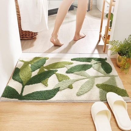 Non-slip bath mat - Non-slip bath mat - 45x65cm - durable water-absorbent bathroom rug - machine washable - soft and comfortable doormat - green leaves - Non-slip - Doormat.